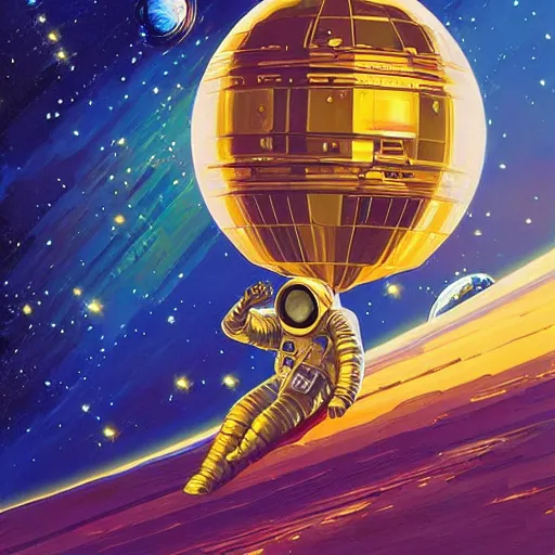 Prompt: astronaut sitting on the golden chair in galaxy, digital painting by dean cornwall, rhads, john berkey, tom whalen, alex grey, alphonse mucha, donoto giancola,