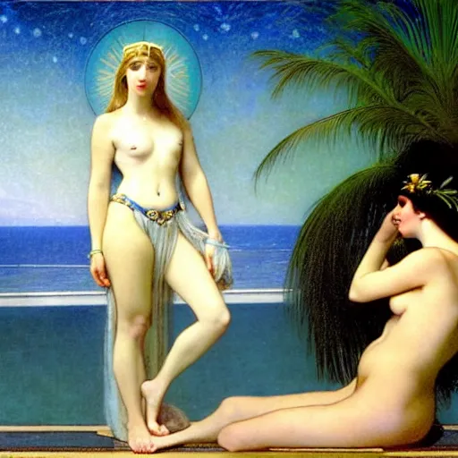 Image similar to Moon girl at the palace, thunderstorm, greek pool, beach and palm trees on the background major arcana sky, by paul delaroche, alphonse mucha and arnold böcklin arnold böcklin hyperrealistic 8k, very detailed