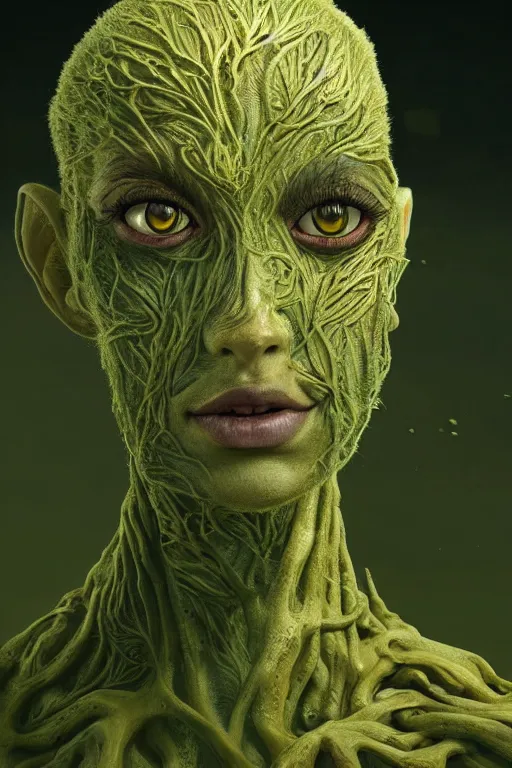 Image similar to beautiful portrait of a mutant algae plant character, intricate, dystopian, eyelashes, extremely detailed, digital painting, sculpted in zbrush, artstation, concept art, smooth, sharp focus, illustration, chiaroscuro soft lighting, golden ratio, rule of thirds, fibonacci, incredible art by Stanley Artgerm Lau and Greg Rutkowski, composition by mike mignola and Simon Stalenhag,