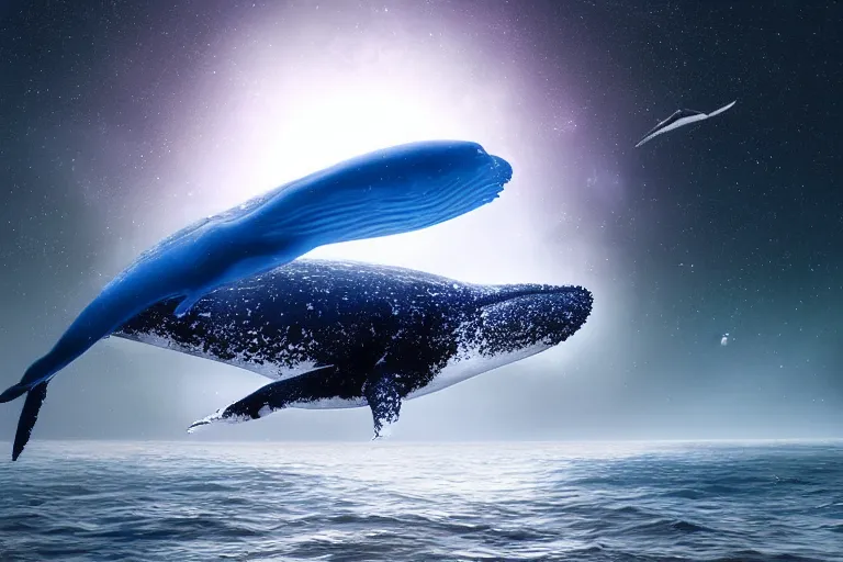 Image similar to a starpunk humpback whale swimming through the cosmos, digital art, photorealistic