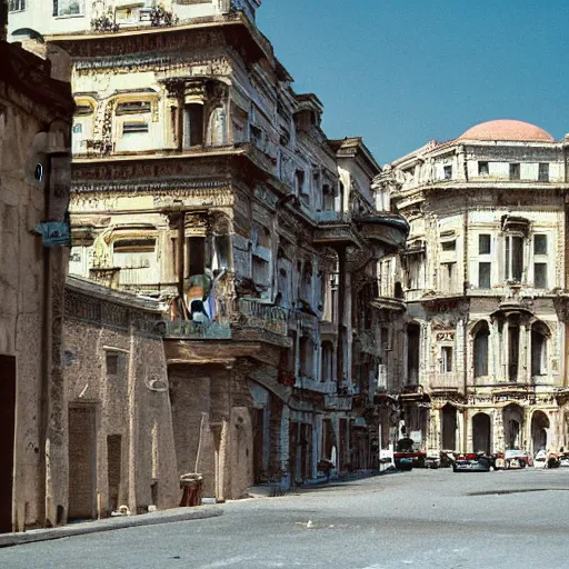 Prompt: photograph of streets surrounded by buildings in an ancient abandoned city with massive monumental ornate buildings made of granite surrounded by a hilly steppe with lush grasslands. the buildings are a mix of byzantine architecture and neoclassical architecture. wide angle 3 5 mm color film photograph.