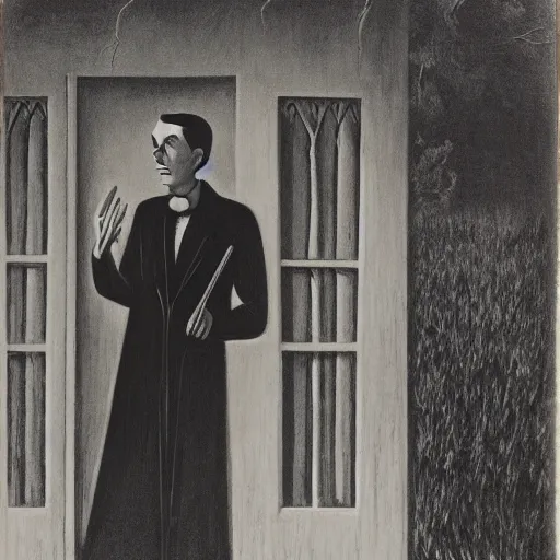 Prompt: grant wood's painting of dracula on the porch of a southern plantation, proudly gazing out on his cotton fields. he is pale, with black hair and a black and red cape.