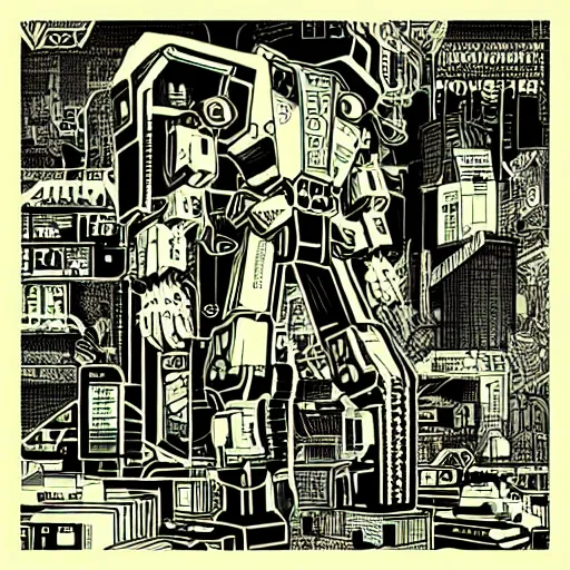 Image similar to Mcbess designed cyberpunk aesthetic TOOL album cover art of a giant mech warrior