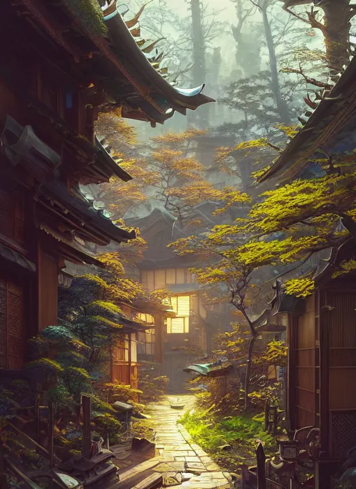 Prompt: Highly detailed small japanese house, Stephen Bliss, unreal engine, fantasy art by Greg Rutkowski, Loish, Rhads, ferdinand knab, Makoto Shinkai and Lois van baarle, ilya kuvshinov, rossdraws, Tom Bagshaw, alphonse mucha, global illumination, radiant light, detailed and intricate environment