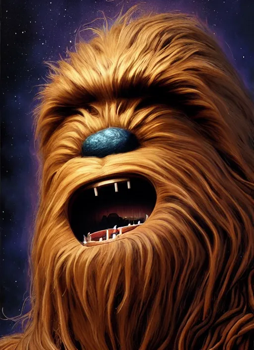 Image similar to hyper realistic, zoomed out portrait of a mega derpy big chungus as chewbacca in star wars, stoned, by greg rutkowski, scott m fischer, artgerm, loish, slight glow, atmospheric, anne stokes, alexandros pyromallis