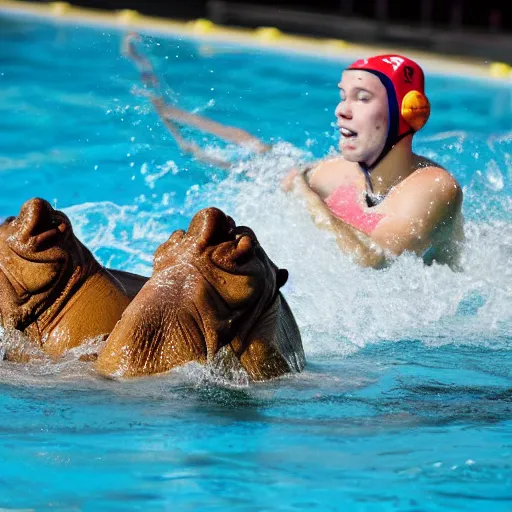 Image similar to a water polo players riding a hippopotamuses. photograph.