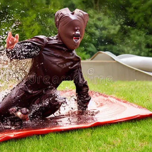 Prompt: a suited sliding through chocolate pudding head first, slip n slide, stock photo