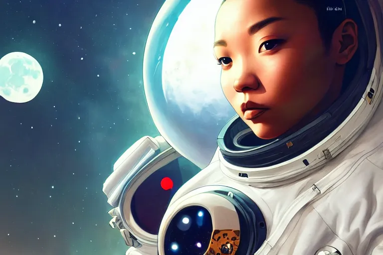 Image similar to portrait of cl rapper in a spacesuit frowning, moon base with earth in the night sky, artgerm, ilya kuvshinov, krenz cushart, ruan jia, realism, ultra detailed, 8 k resolution