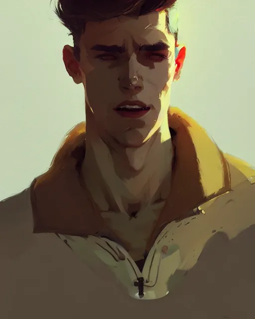 Image similar to hyper - realistic portrait of attractive brunet male by atey ghailan, by greg rutkowski, craig mullins, by greg tocchini, by james gilleard, by joe fenton, by kaethe butcher, dynamic lighting, gradient light yellow, brown, blonde cream and white color scheme, grunge aesthetic