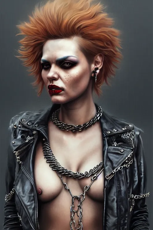 Prompt: fullbody potrait of punk rocker woman in street, woman is wearing chains, hyper realistic, intricate, elegant, highly detailed, digital painting, artstation, concept art, matte, sharp focus art by boris vallejo and greg rutkowski, smooth, sharp focus, illustration