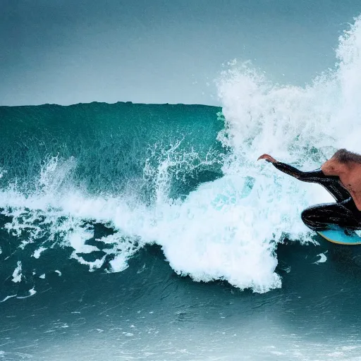 Prompt: laozi as a surfer dude, crashing waves, stormy ocean, surf magazine photograph, highly detailed, cinematic lighting