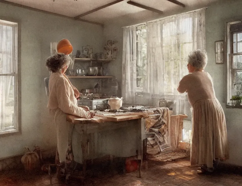 Image similar to grandmother cooking in a kitchen in country house, back view, cottage core, cinematic focus, polaroid photo bleached vintage pastel colors high - key lighting, soft lights, foggy, by steve hanks, by lisa yuskavage, by serov valentin, by tarkovsky, 8 k render, detailed, oil on canvas