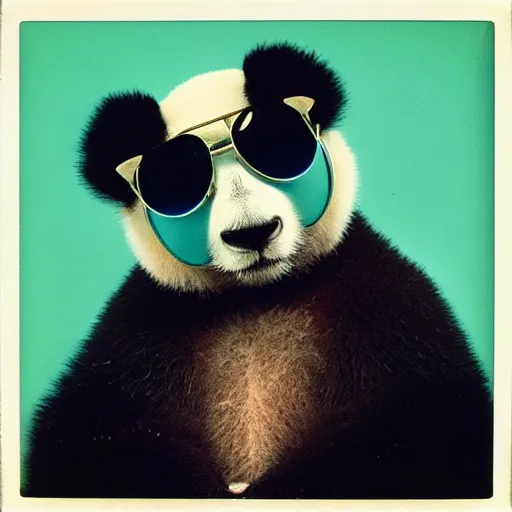 Image similar to grainy head to shoulder portrait polaroid film photograph of a panda in a mall wearing aviator shades. plain teal background with polkadots. super resolution. surreal. extremely detailed. polaroid 6 0 0 film. by annie leibovitz and richard avedon