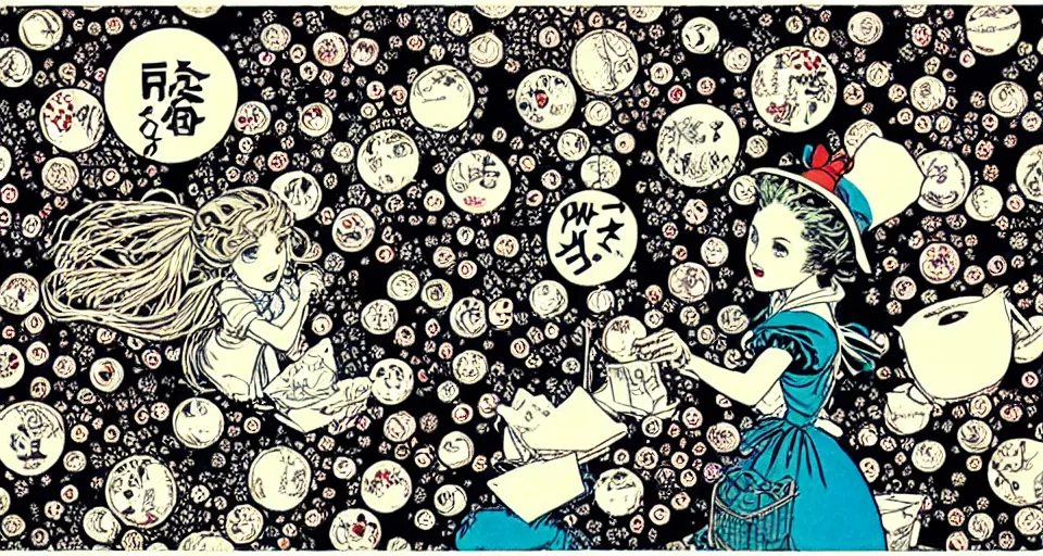 Image similar to alice in wonderland still frame by yuko shimizu, tee party by yuko shimizu