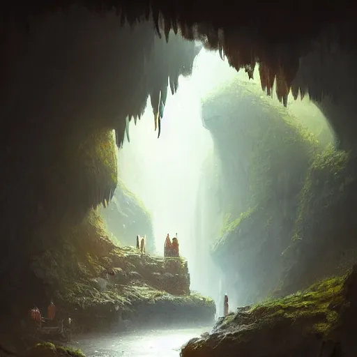 Image similar to cozy, hotspring hidden in a cave, candlelight, towels, cushions, plates of fruit, no people natural light, lush plants and flowers, elegant, smooth cave rock, fantasy, atmospheric lighting, digital painting, Greg Rutkowski concept art