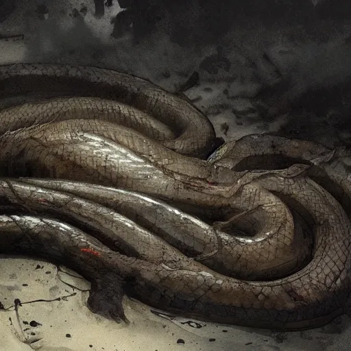 Image similar to a huge anaconda in a dark grave wrapped around a dead body, horror ,digital art,realistic,detailed,art by greg rutkowski