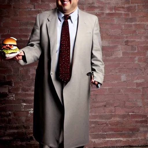 Prompt: full length shot : : clean - shaven smiling white chubby italian american man in his 4 0 s wearing a long brown overcoat and necktie and black shoes shoes shoes holding a burger, 2 0 0 6 advertising promo shot