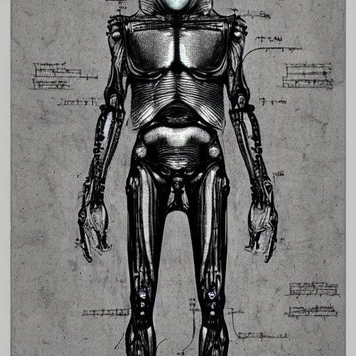 Prompt: detailed blueprint of an alien cyborg, black and white style by leonardo davinci