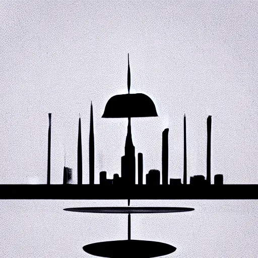 Image similar to a perfect circle, the outer edge of the circle is hugged by the silhouette of a city skyline, black and white, minimalist, in the style of a line drawing