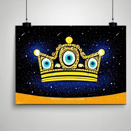 Prompt: a glowing crown sitting on a table with one beautiful eye mounted on it like a jewel, night time, vast cosmos, light rays, bold black lines, flat colors, minimal psychedelic 1 9 6 0 s poster illustration