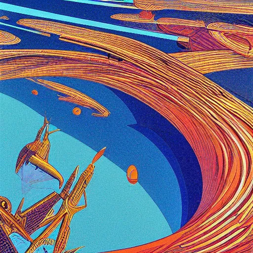 Prompt: A bird's-eye view futurism by jean giraud detailed illustration