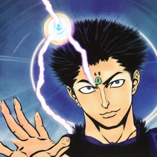 Prompt: a powerful psychic man emitting psychic powers, by hirohiko araki,