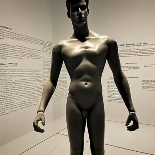 Image similar to “a realistic detailed photo of a guy who is an attractive humanoid who is half robot and half humanoid, who is a male android, actor Liam Hemsworth, shiny skin, posing like a statue, blank stare, at the museum, on display”