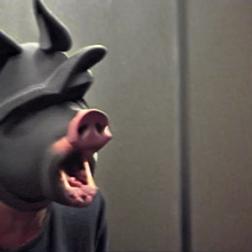 Image similar to creppy 2 0 0 3 photo of a pig masked man screaming in a dark room