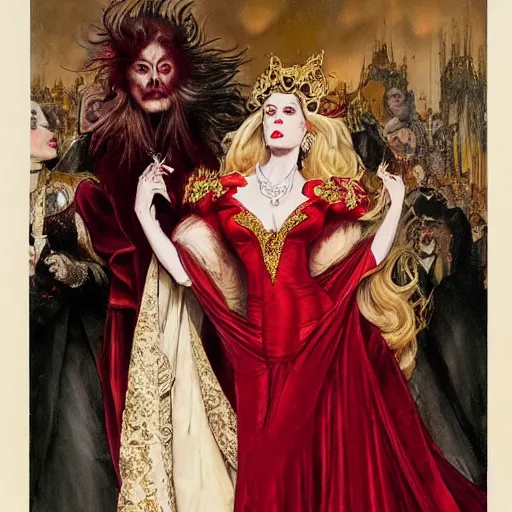 Image similar to an ultra - realistic portrait of a vampire queen in an ostentatiously beautiful blood red dress with gold trim and a long leg slit, 4 k, a masquerade ball in the background with other guests out of focus, sharp focus, detailed face, art by john collier and albert aublet and krenz cushart and artem demura and alphonse mucha