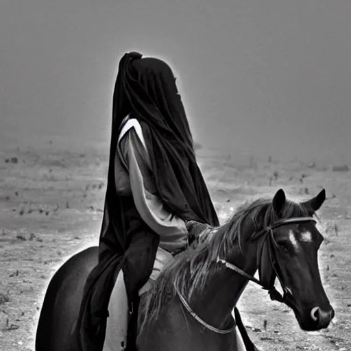 Image similar to burqa's woman, ride horse, taliban, riffle on chest, dust, cinematic, beautiful, dynamic pose, pinterest