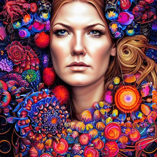 Image similar to portrait of danneel ackles, hyper detailed masterpiece, neon floral pattern, jean giraud, digital art painting, darkwave goth aesthetic, psychedelic, artgerm, donato giancola and tom bagshaw