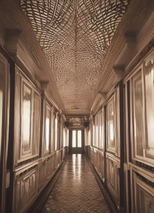 Prompt: a photograph of a symmetrical hallway in the grand budapest hotel, 3 5 mm, film camera, dezeen, architecture