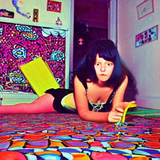 Prompt: rocker goth teen girl laying on the floor, writing on journal. 1970s colorful psychedelic bedroom. Trippy. Realistic. Photographic.