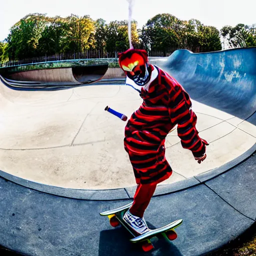 Image similar to a clown smoking a cigarette while skateboarding at a skate park on a sunny sunday morning, award winning photography, fisheye lens, detailed eyes, sports photography,