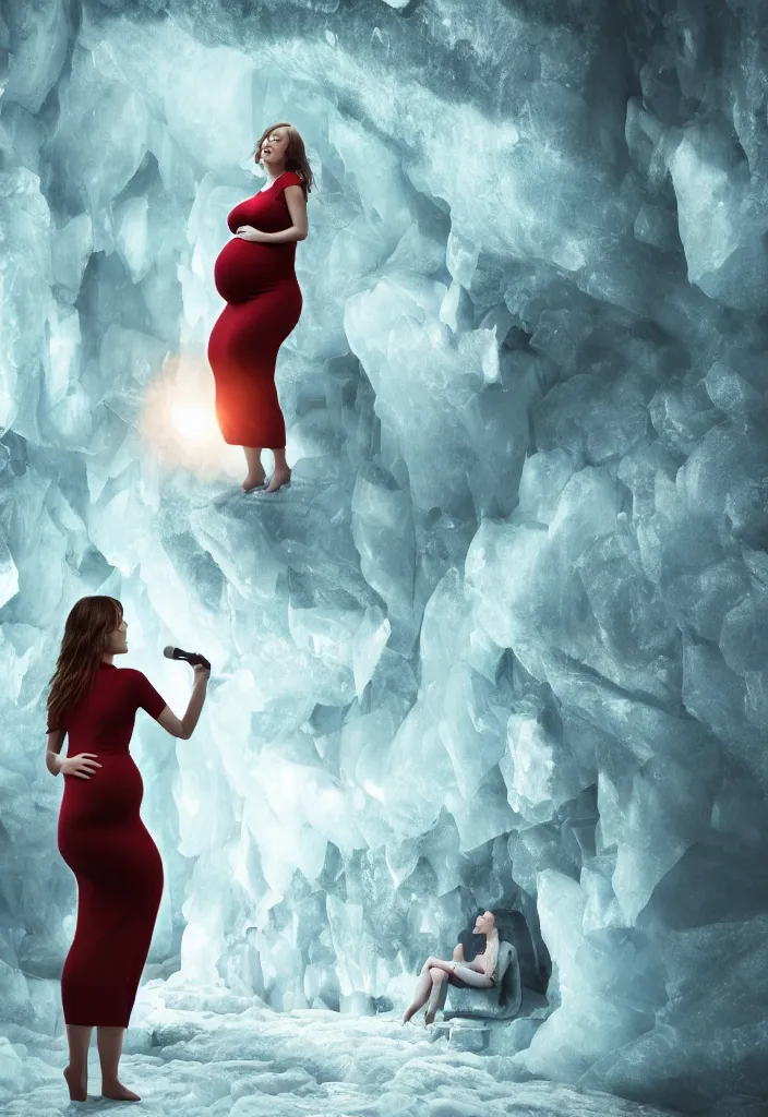 Image similar to pregnant woman making an epic speech, multiple people hearing the pregnant woman, ice cave, facinating, fantasy digital art, octane render, beautiful composition, trending on artstation, award - winning photograph, masterpiece