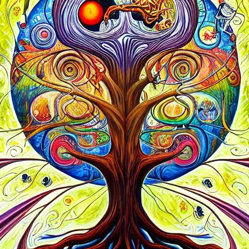 Prompt: tree of life painting by aaron brooks, chris dyer, android jones, and alex grey