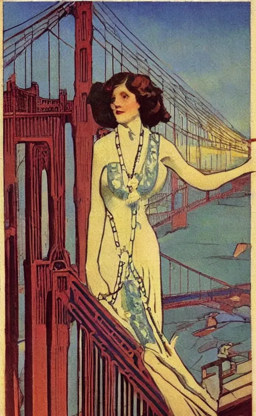 Image similar to art nouveau! style, woman overlooking, golden gate bridge! first pillar!!! in the background, early 1 9 0 0 s!!