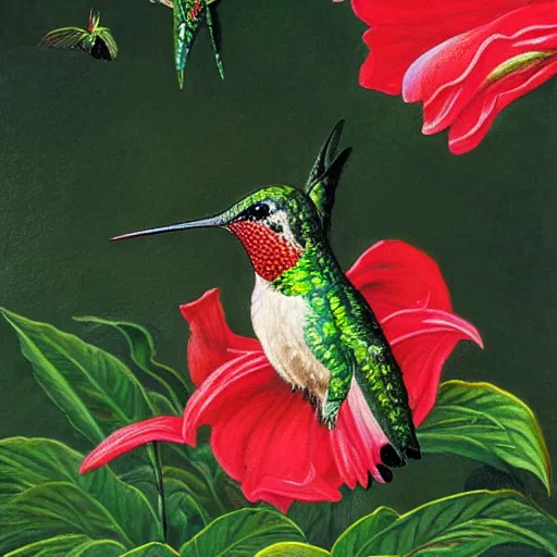 Image similar to closeup detailed painting of iridescent hummingbird sipping nectar from red flower arthur hughes