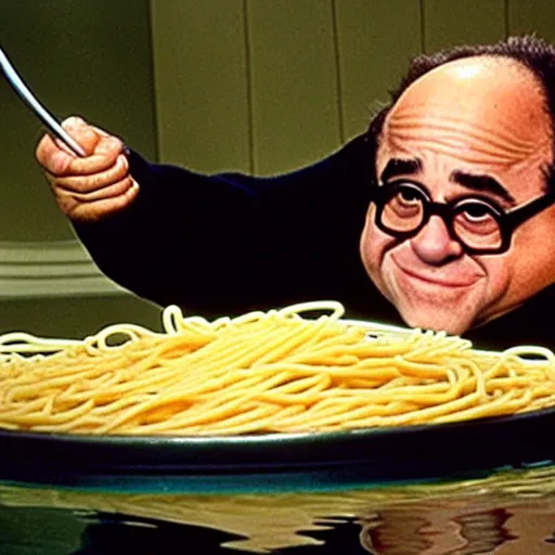 Prompt: danny devito swimming in spaghetti. he's not happy about it.