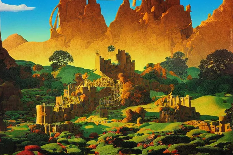 Image similar to a surreal fantasy landscape featuring a castle made of giant books, digital painting by maxfield parrish and michael whelan, photorealistic