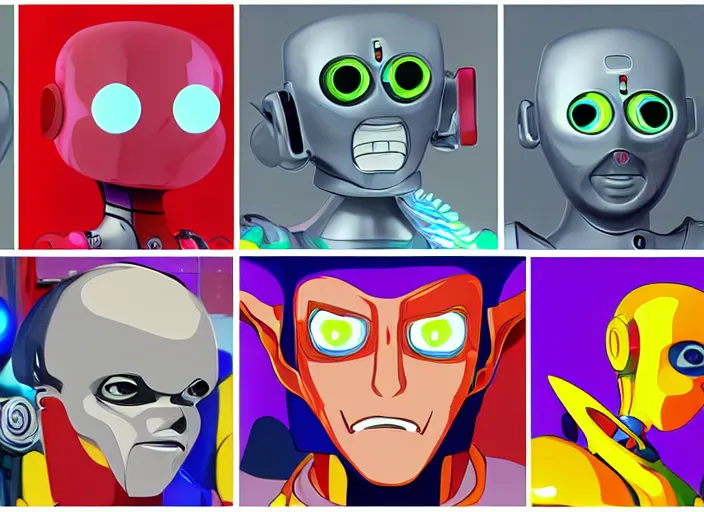 Image similar to 3 rows of 3 framed closeup colorful 3 d - rendered cg face portraits of cute evil robots in the style of osamu tezuka, with a futuristic mechanical background.