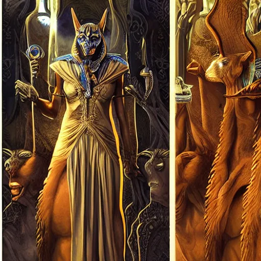 Image similar to realistic detailed face portrait and fully body poses of anubis in the underworld by emilia dziubak, will terry, greg olsen, chris mars, ann long, and mark brooks, fairytale, art nouveau, victorian, neo - gothic, character concept design, smooth, extremely sharp detail, finely tuned detail, story book design, storybook layout