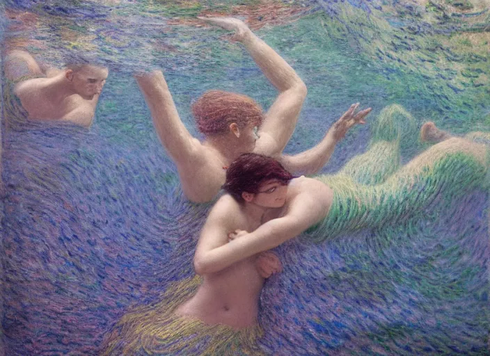 Image similar to people underwater figures, flowing cloth, in the style of matt murphy, enes dirig, jeremy enecio, intricate, miles johnston, monet, cynical realism, john william godward, painterly, yoshitaka amano, miles johnston, louise zhang, matt murphy, enes dirig, pekka halonen, finnish naturalism, realism