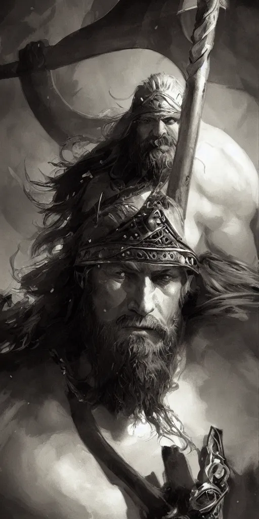 Image similar to highly detailed beautiful black and white photography of a viking, sharp focus, dynamic lighting, elegant harmony, beauty, masterpiece, by riccardo federici, by craig mullins, by greg tocchini, by greg rutkowski