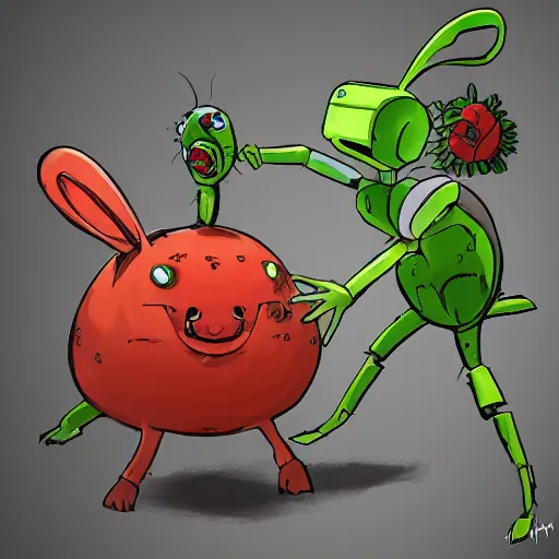 Prompt: a vegetable robot being chased by a ferocious rabbit detailed, 8 k, trending on artstation, award - winning art,