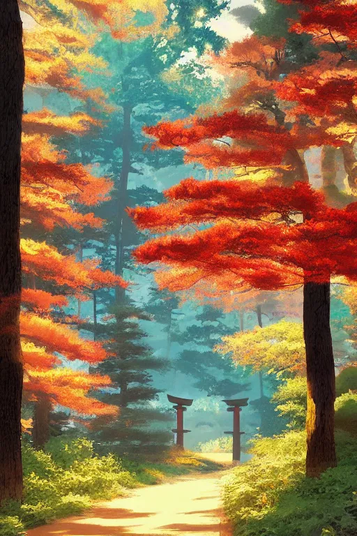Image similar to Japanese Torii in a colorful moutain with beautiful trees ,morning , by studio ghibli painting, superior quality, masterpiece, traditional Japanese colors, by Grzegorz Rutkowski, concept art