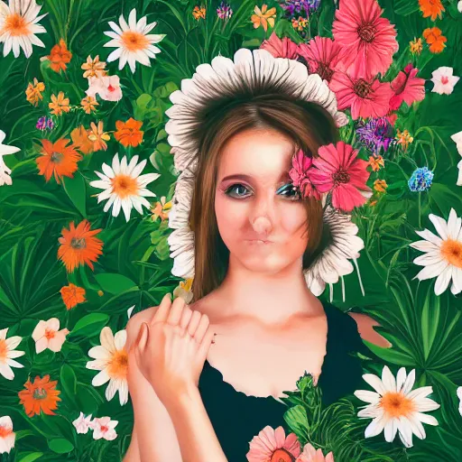 Prompt: a portrait of a young lady with perfect face, hot summertime hippie, fancy dress , flowers background , sunny day, highly detailed, realistic portrait, perfect design, natural light