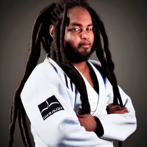 Image similar to photo of chubby black bjj athlete with long dreads posing, serious face, white belt