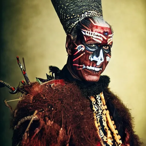 Image similar to uhd candid photo of joe biden dressed as a voodoo priest, wearing bizarre voodoo makeup, with accurate face, intricate voodoo costume, uhd, studio lighting, correct face, photo by annie leibovitz