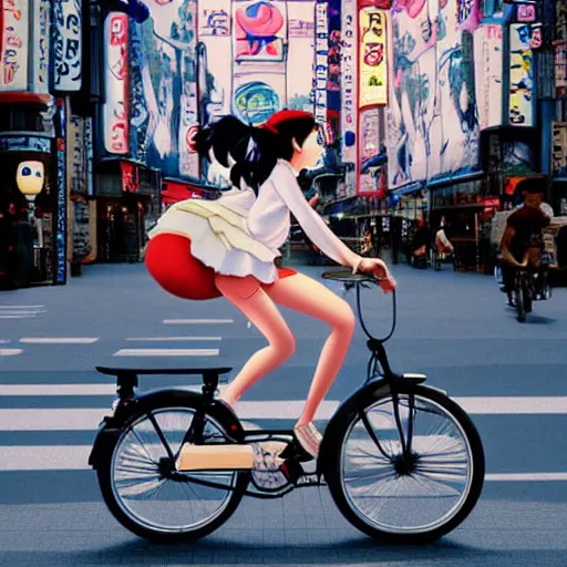 Prompt: anime girl riding bicycle in highly detailed dotonbori street, studio ghibli style, by hayao miyazaki, sharp focus, highly detailed, 4k